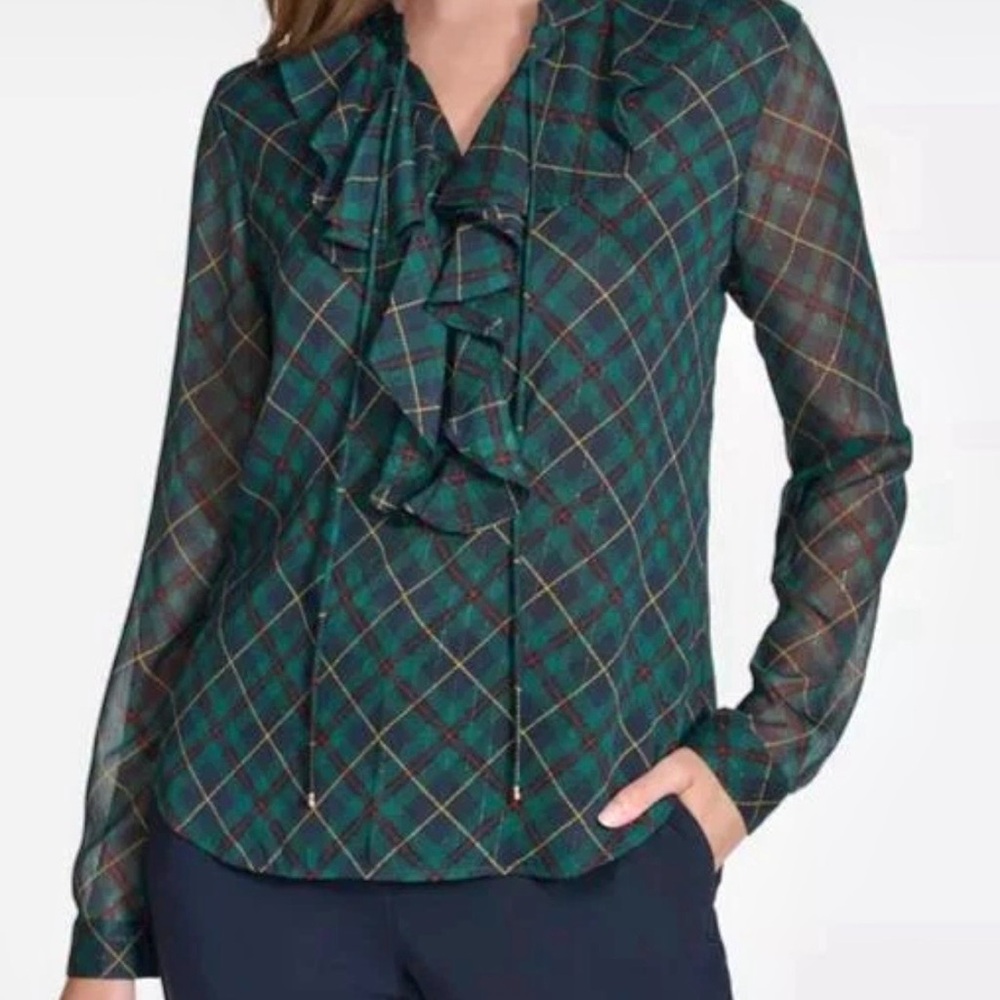 Tommy Hilfiger Green Plaid Ruffle Blouse for Holidays Lightweight Classic Retro